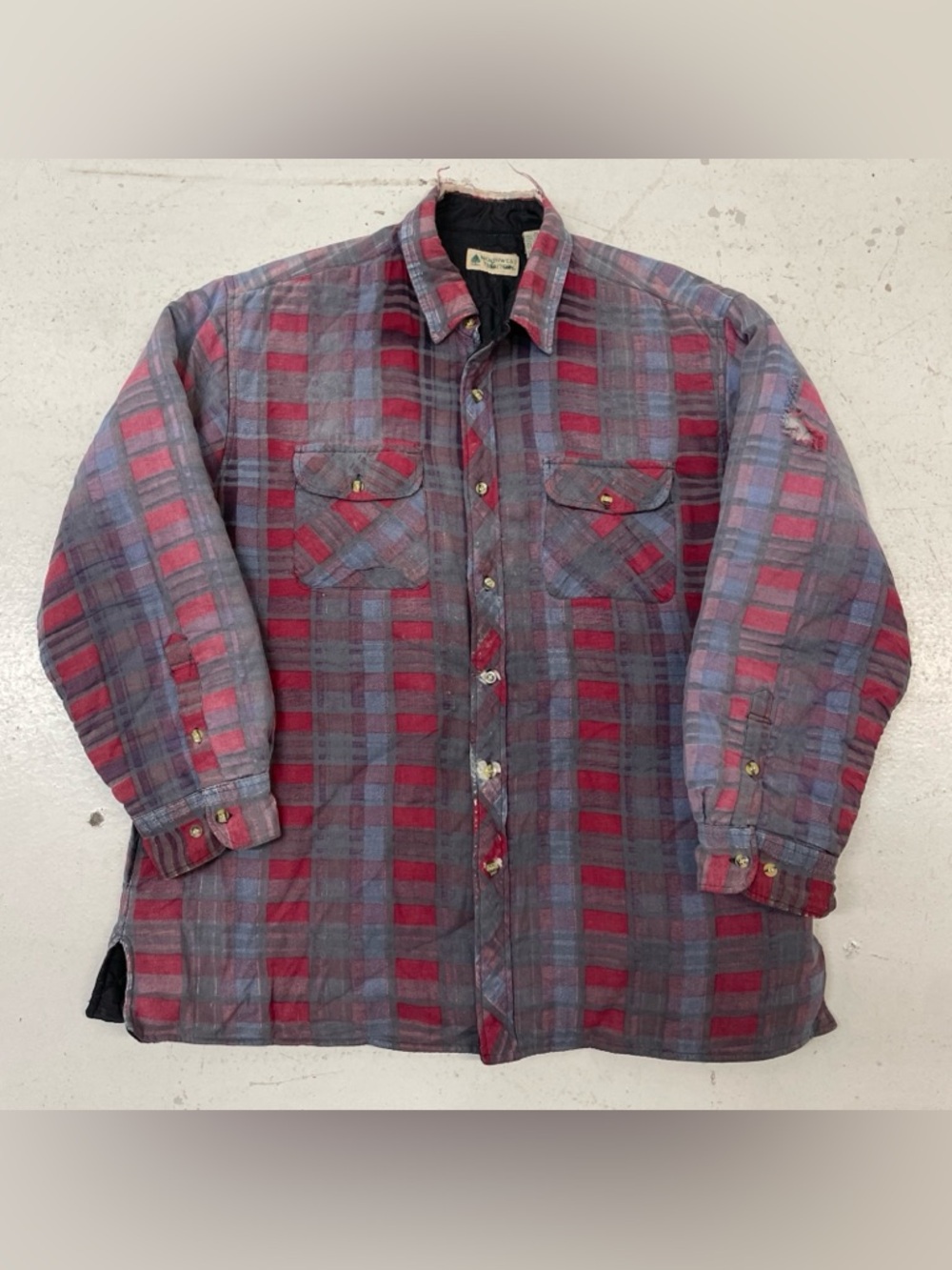 THRASHED Vintage 90s Northwest Territory Quilted Red Blue Flannel Shacket Sz XL